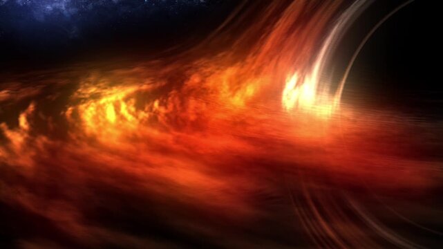 Dramatic detailed panning view of a glowing black hole in outer space, with glowing accretion disk and warped light against a star filled cosmic background. 14993