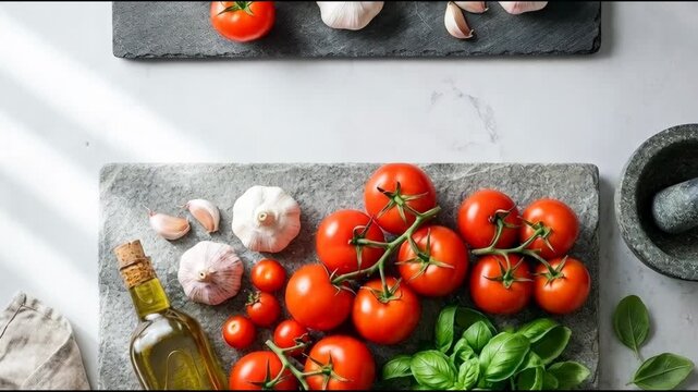 Fresh tomatoes and herbs arranged on a stone slab with olive oil and garlic