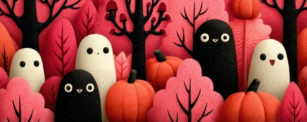 Obraz premium Pastel pink Halloween forest with cute ghosts, pumpkins, and trees at night