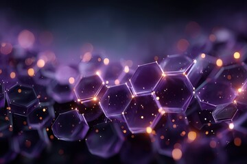 Abstract purple technology concept with glowing hexagonal shapes and bokeh lights, futuristic digital network