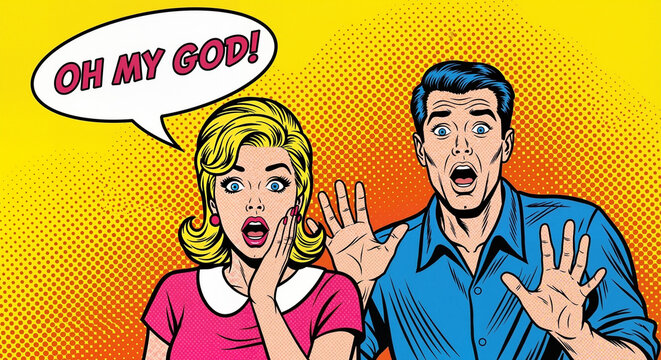 Man and woman with shocked mood exclaiming against vibrant comic book background with copy space