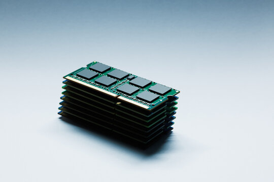 Stacked laptop ram ddr memory modules on grey background