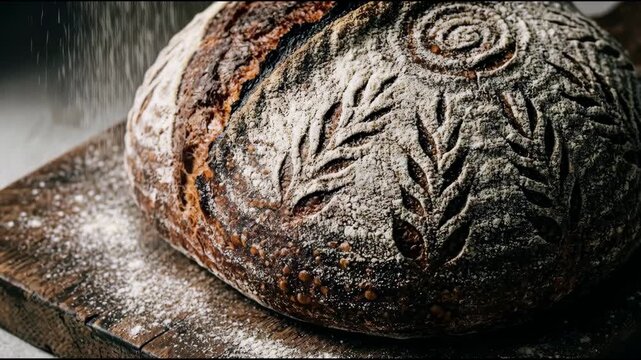 Freshly baked rustic bread on a wooden board being dusted with flour