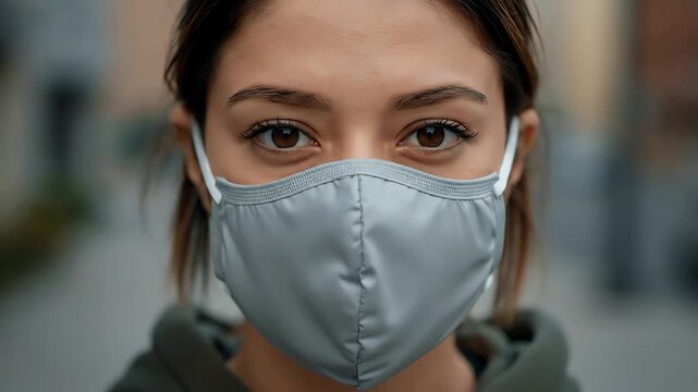 Young woman wearing a grey cloth face mask looking directly at the camera outdoors
