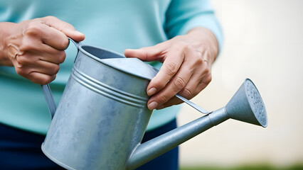 Close up hands holding metal watering can, gardening tool for watering plants, outdoor spring care concept