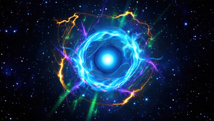 A stunning view of cosmic energy swirling in the depths of space. Bright colors of blue, purple, and orange create a dynamic effect, surrounded by countless twinkling stars