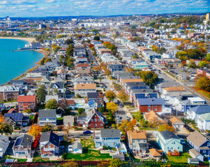 Aerial view of Boston Bay area and airport fall foliage landscape