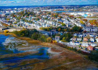 Aerial view of Boston Bay area and airport fall foliage landscape