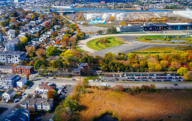 Aerial view of Boston Bay area and airport fall foliage landscape