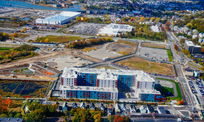 Aerial view of Boston Bay area and airport fall foliage landscape