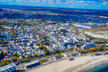 Aerial view of Boston Bay area and airport fall foliage landscape