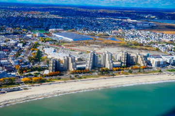 Aerial view of Boston Bay area and airport fall foliage landscape