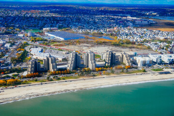 Aerial view of Boston Bay area and airport fall foliage landscape
