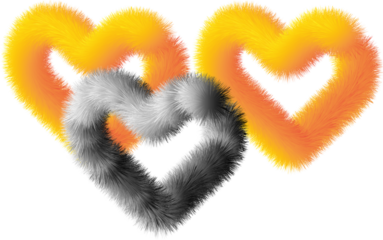 Three Fuzzy 3D Furry Hearts with Orange and Monochrome Gradients