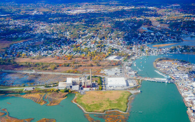 Aerial view of Boston Bay area and airport fall foliage landscape