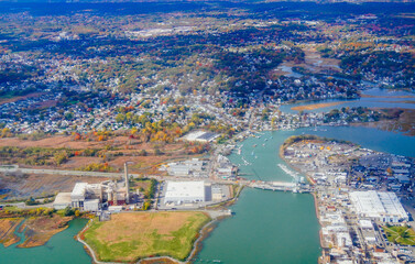 Aerial view of Boston Bay area and airport fall foliage landscape