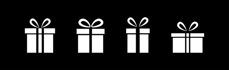 White gift box icons on black background, Present Symbol Set, Surprise Package Graphic, Birthday Gift UI Element, Holiday Celebration Vector, Vector illustration.