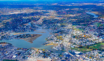 Aerial view of Boston Bay area and airport fall foliage landscape