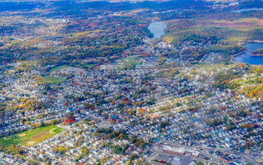 Aerial view of Boston Bay area and airport fall foliage landscape