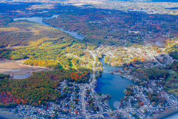 Aerial view of Boston Bay area and airport fall foliage landscape