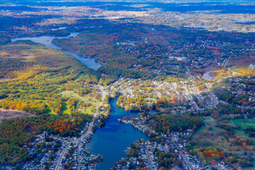 Aerial view of Boston Bay area and airport fall foliage landscape