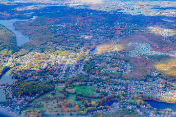 Aerial view of Boston Bay area and airport fall foliage landscape