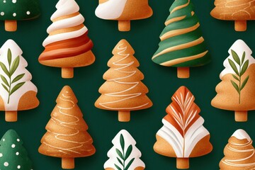 Festive gingerbread tree cookies scattered on a dark green background for holiday decor and celebration