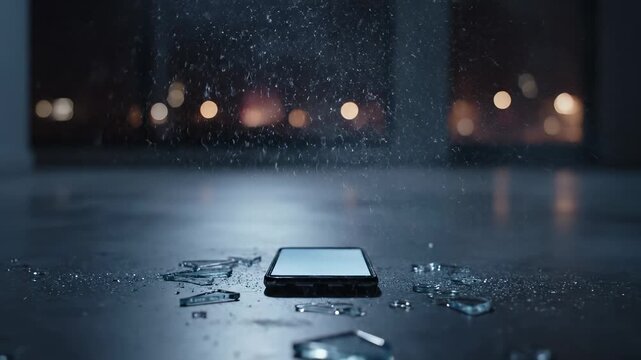 Smartphone lying on the floor surrounded by shattered glass shards after breaking through a window at night with city lights in the background.