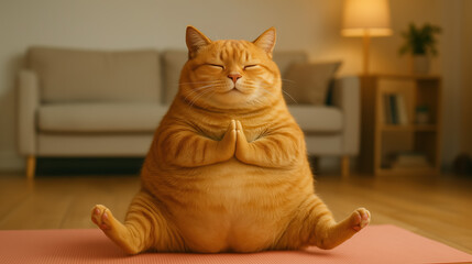 A relaxed orange cat sits in a meditative pose on a yoga mat in a comfortable living room. Sunlight fills the space, creating a peaceful atmosphere. The cat appears content and serene