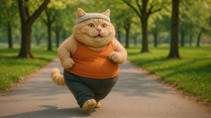 A fluffy cat with a headband and workout clothes is jogging along a path in a green park filled with trees. The sun shines brightly, creating a cheerful atmosphere for exercise