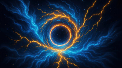 A stunning display of swirling energy forms a circular pattern in the center. Blue and orange lightning bolts radiate outward, contrasting against a dark cosmic backdrop filled with stars