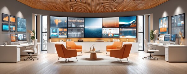 Modern control center with large screens, dashboards, and comfortable seating for data analytics and collaboration