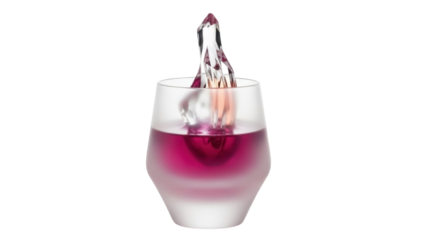 Elegant glass with pink liquid and ice cube isolated PNG, refreshing drink on transparent background for summer cocktails and beverage designs