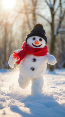A cheerful snowman, wearing a black hat and red scarf, runs through fresh snow under the warm glow of a setting sun. Surrounding trees create a beautiful winter scene
