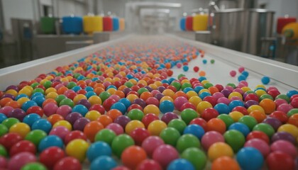 Obraz premium A Close-Up of Colorful Gumballs Swirling on a Conveyor Belt in a Candy Factory