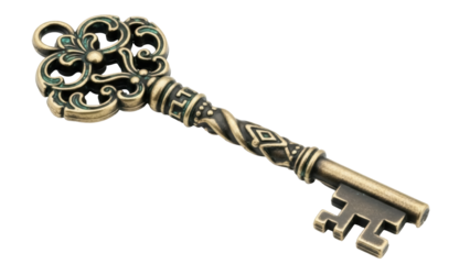 Ornate antique key PNG isolated on transparent background, vintage bronze skeleton key with decorative design for fantasy and historical themes