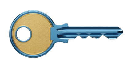 Blue and gold key PNG isolated on transparent background, security and access concept for graphic design and web projects