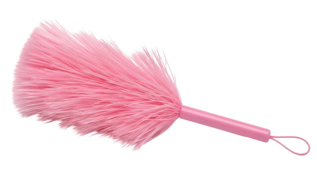 Fluffy pink feather duster isolated PNG on transparent background, cleaning tool for dusting furniture and removing cobwebs