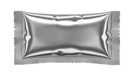 Silver foil pillow bag isolated PNG, blank metallic sachet packaging mockup for food, snack, or cosmetic product on transparent background