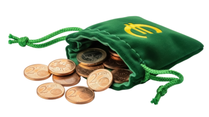 Green velvet money bag with euro symbol and coins isolated PNG, financial savings and investment concept on transparent background