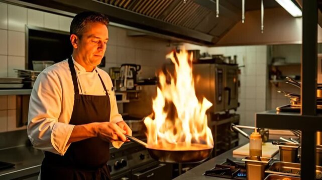 A chef skillfully manages flames in a modern kitchen.