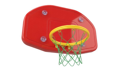 Red and yellow toy basketball hoop with green net isolated PNG, fun sport equipment for kids on transparent background
