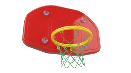 Red and yellow toy basketball hoop with green net isolated PNG, fun sport equipment for kids on transparent background