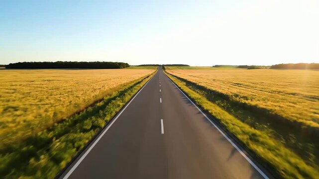 Soaring over a golden wheat field on a straight asphalt road towards the sunlit horizon