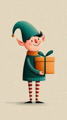 Full-length Christmas elf standing with gift box on snowy background -? holiday sales, festive branding and e-commerce campaigns