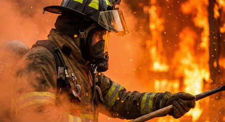 Firefighter battling intense blaze with water hose