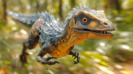 A dinosaur model is running through a thick forest with tall trees and green plants around. The scene captures the model in sharp detail as it moves quickly among the vegetation