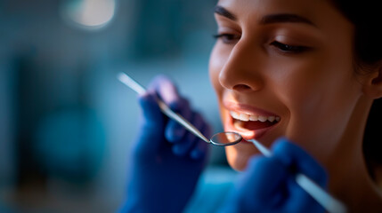 Fototapeta premium Faceless dentist patient inspection with mouth mirror heavily defocused office background anonymous dental care specialist women with tools teeth assessment oral exam