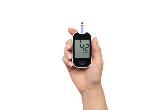 Hand holding blood glucose meter