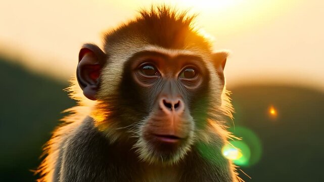 A monkey sits calmly in a scenic outdoor setting, illuminated by the soft glow of the sunset. The monkey's fur shines brightly, creating a peaceful atmosphere in nature.